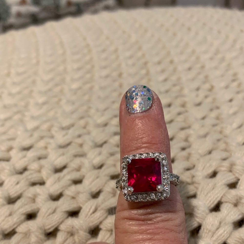 High end cocktail lab cushion cut Ruby square 4 ct , faux diamonds Ring size 5
